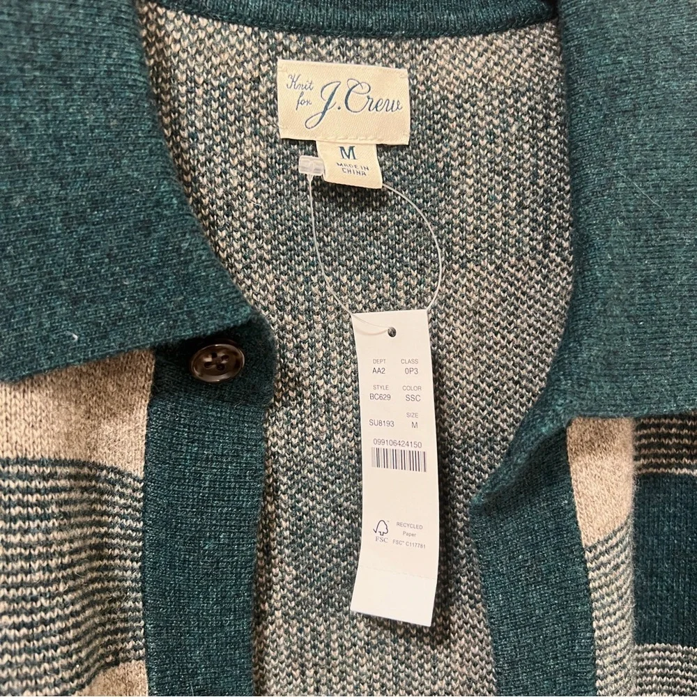 NEW J.Crew Merino Wool-Blend Plaid Polo Cardigan Sweater M Spruce Split Check - Picture 2 of 4